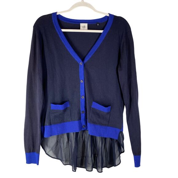 Cabi Michelle Cardigan Sweater Sheer Ruffle Style 5016 Blue Womens Size Medium - Picture 1 of 8